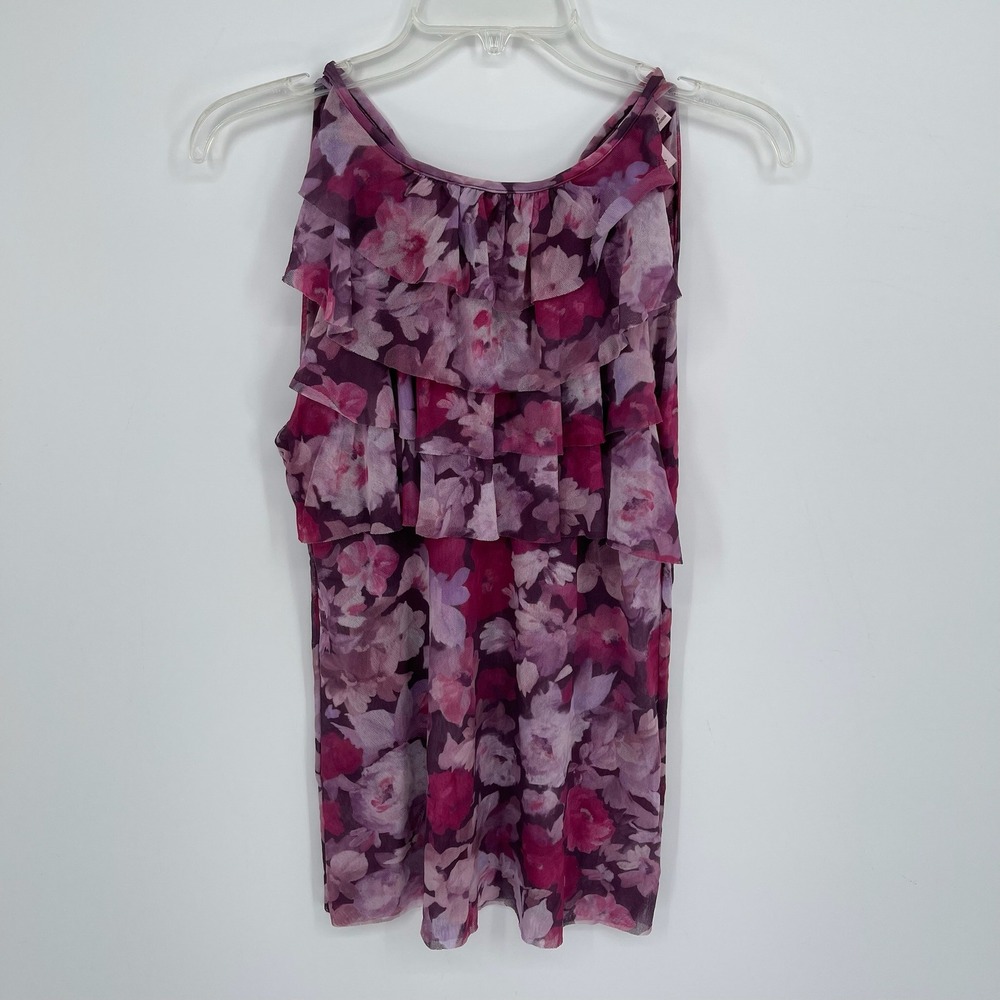 Sweet Pea Women's Purple Floral Print Ruffle Mesh Sleeveless Top Size XL